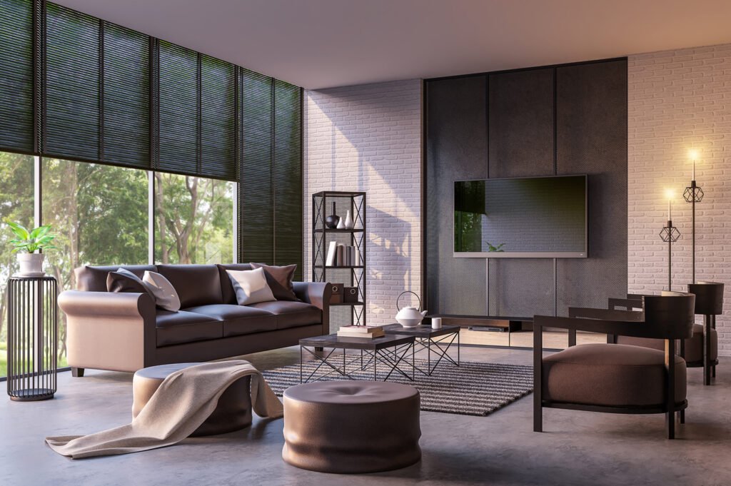 Modern loft living room with nature view 3d rendering image