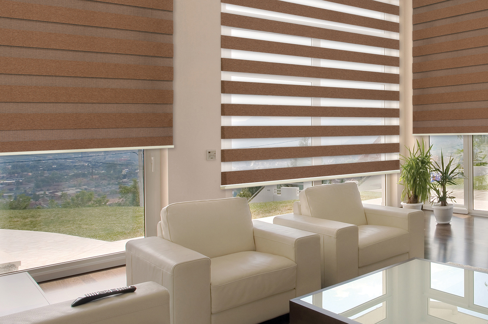 A zebra shade drawn across a wide living-room window