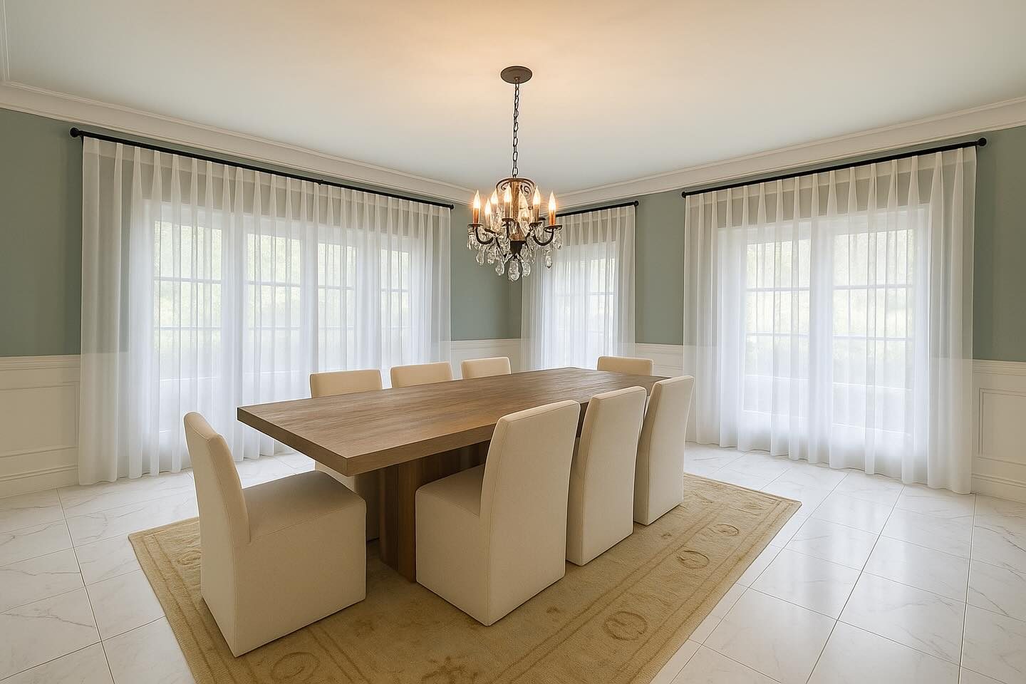 Sheer drapery on black rods across three dining room windows in San Diego