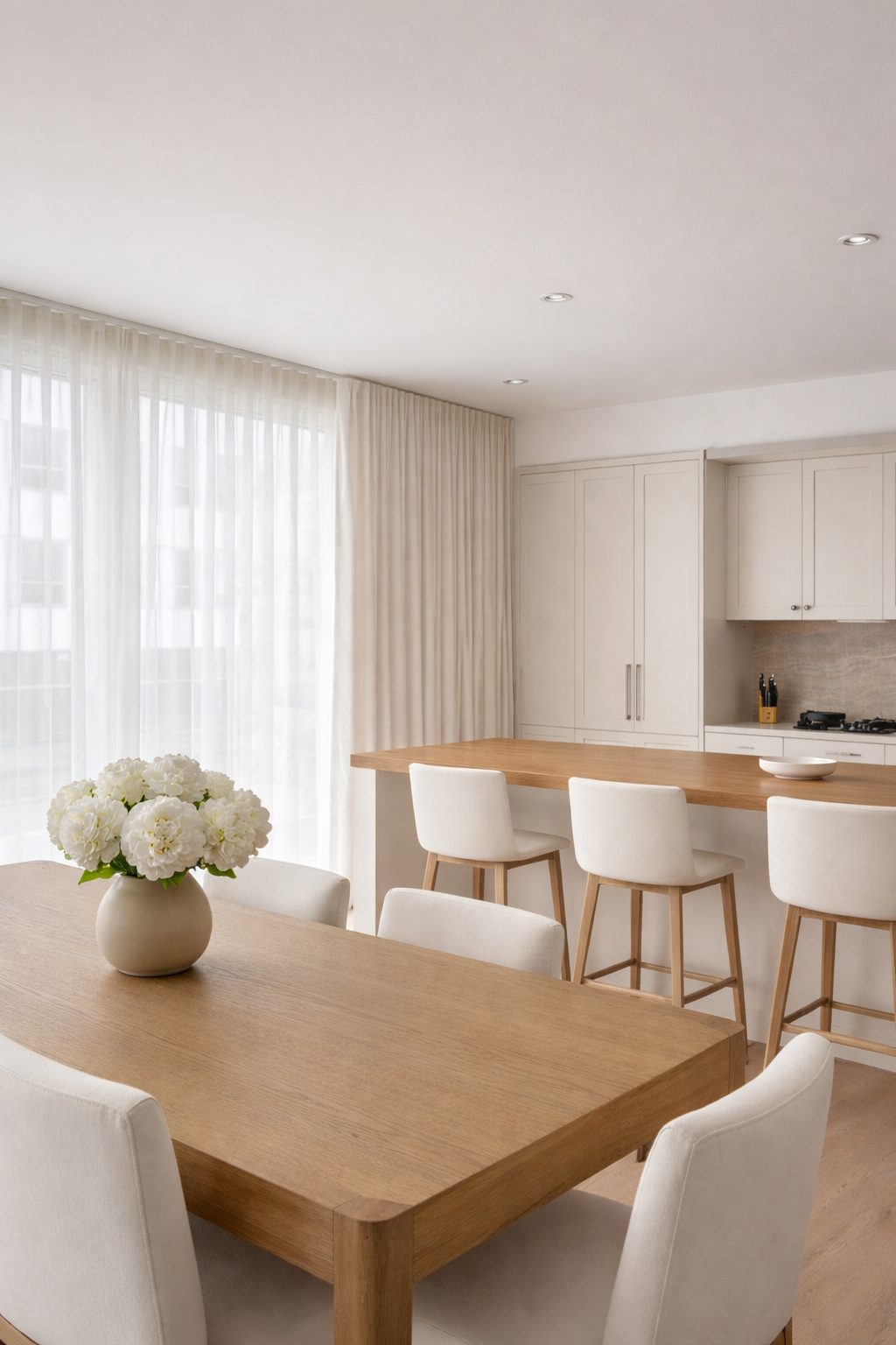 White sheer drapery in a San Diego kitchen and dining area