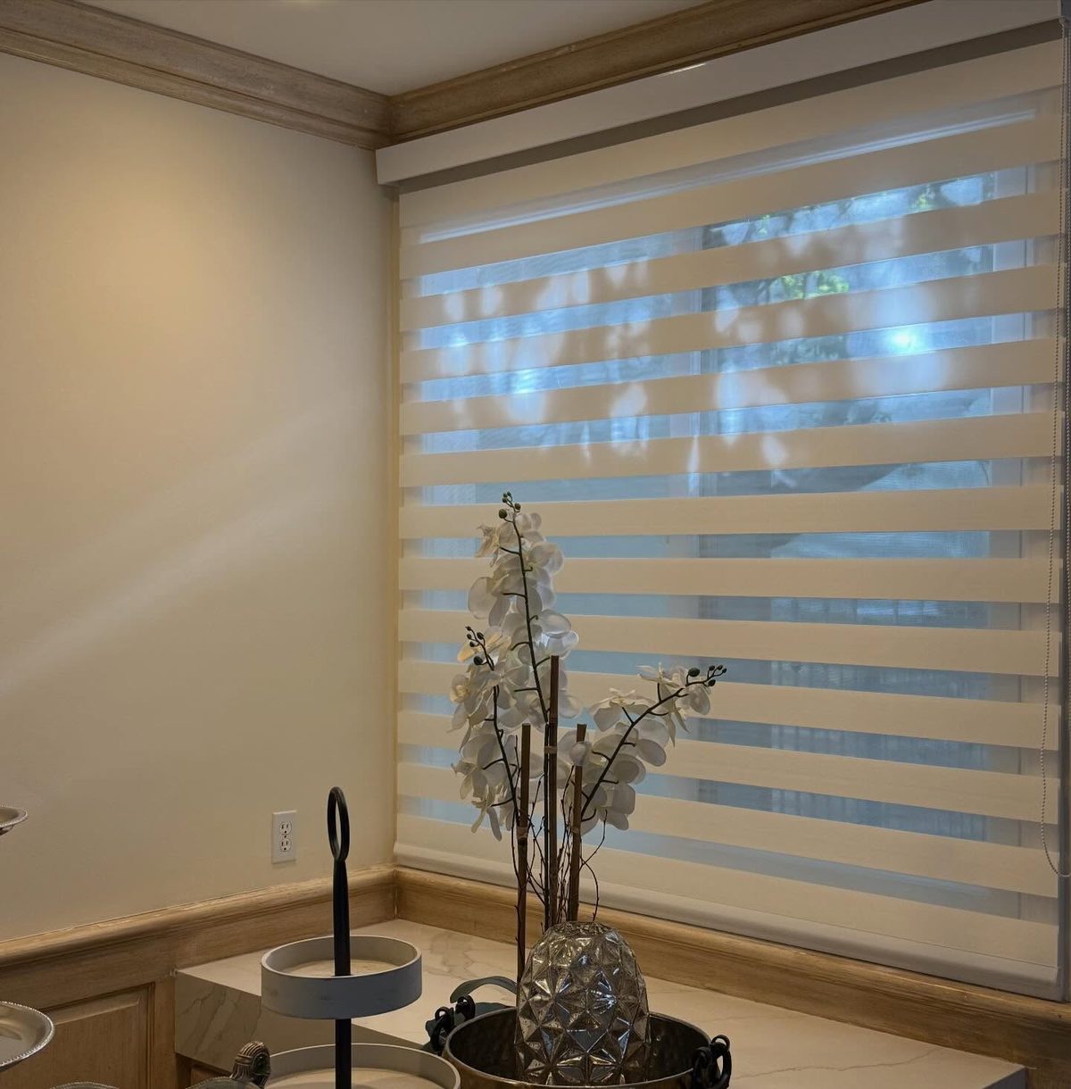 Dual zebra shade with alternating sheer and solid bands filtering daylight in a San Diego room