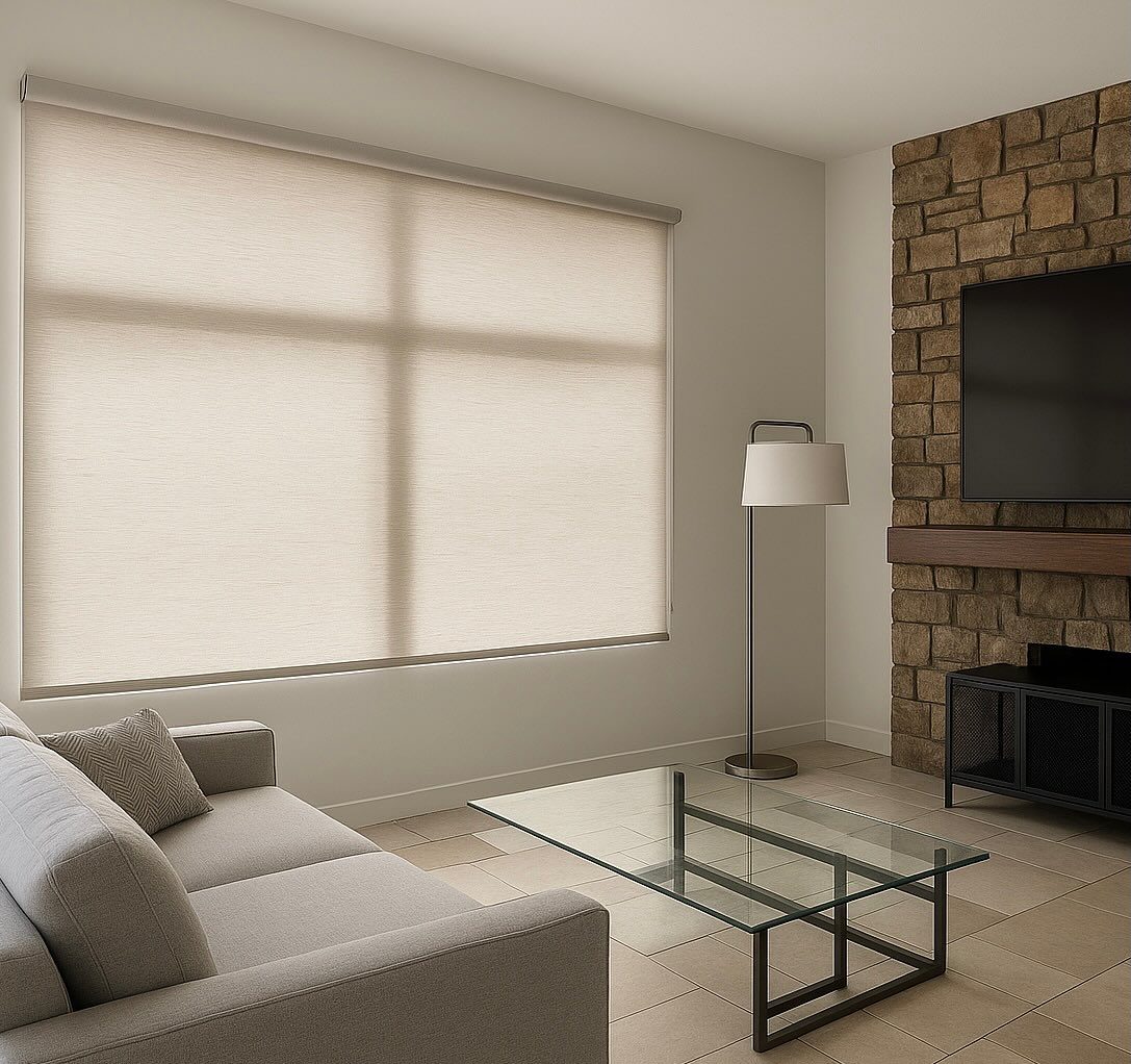 Roller shades in a San Diego living room with a stone fireplace