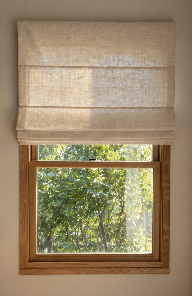 A flat pleated linen Roman shade above a window with garden views