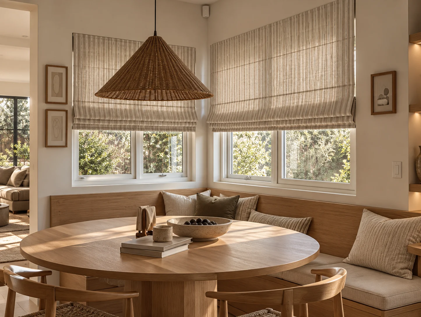 Striped relaxed Roman shades on corner windows above a breakfast nook