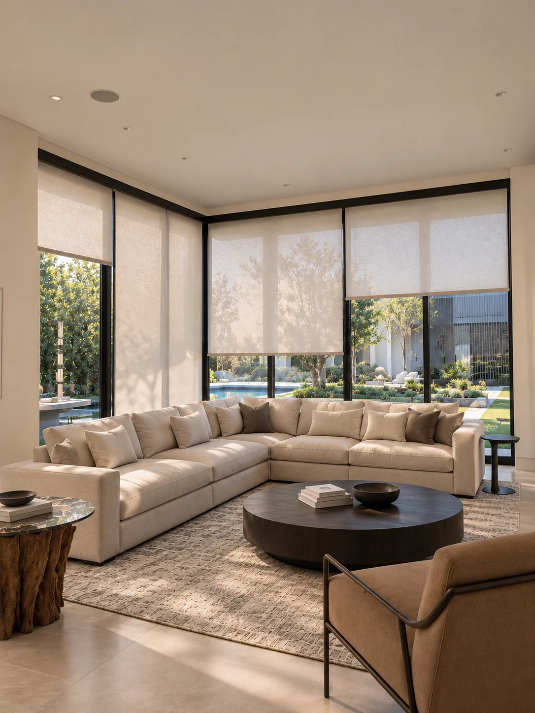 Light-filtering roller shades on corner windows in a living room with a sectional sofa