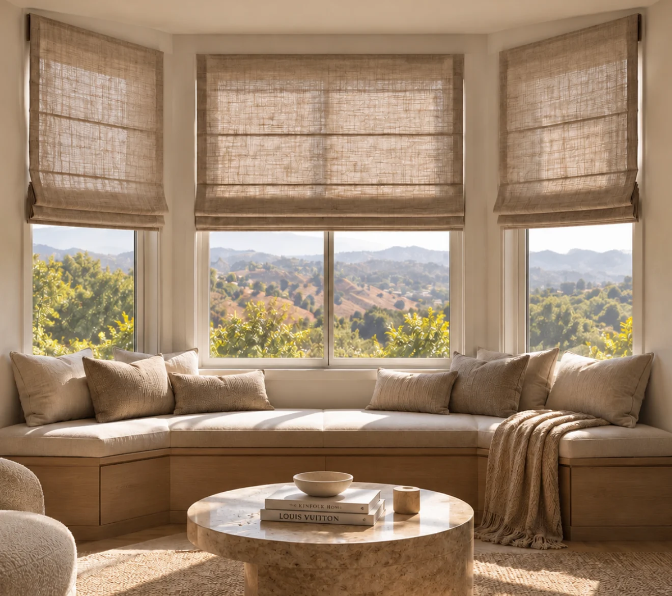 Linen Roman shades raised across a bay window above a cushioned window seat