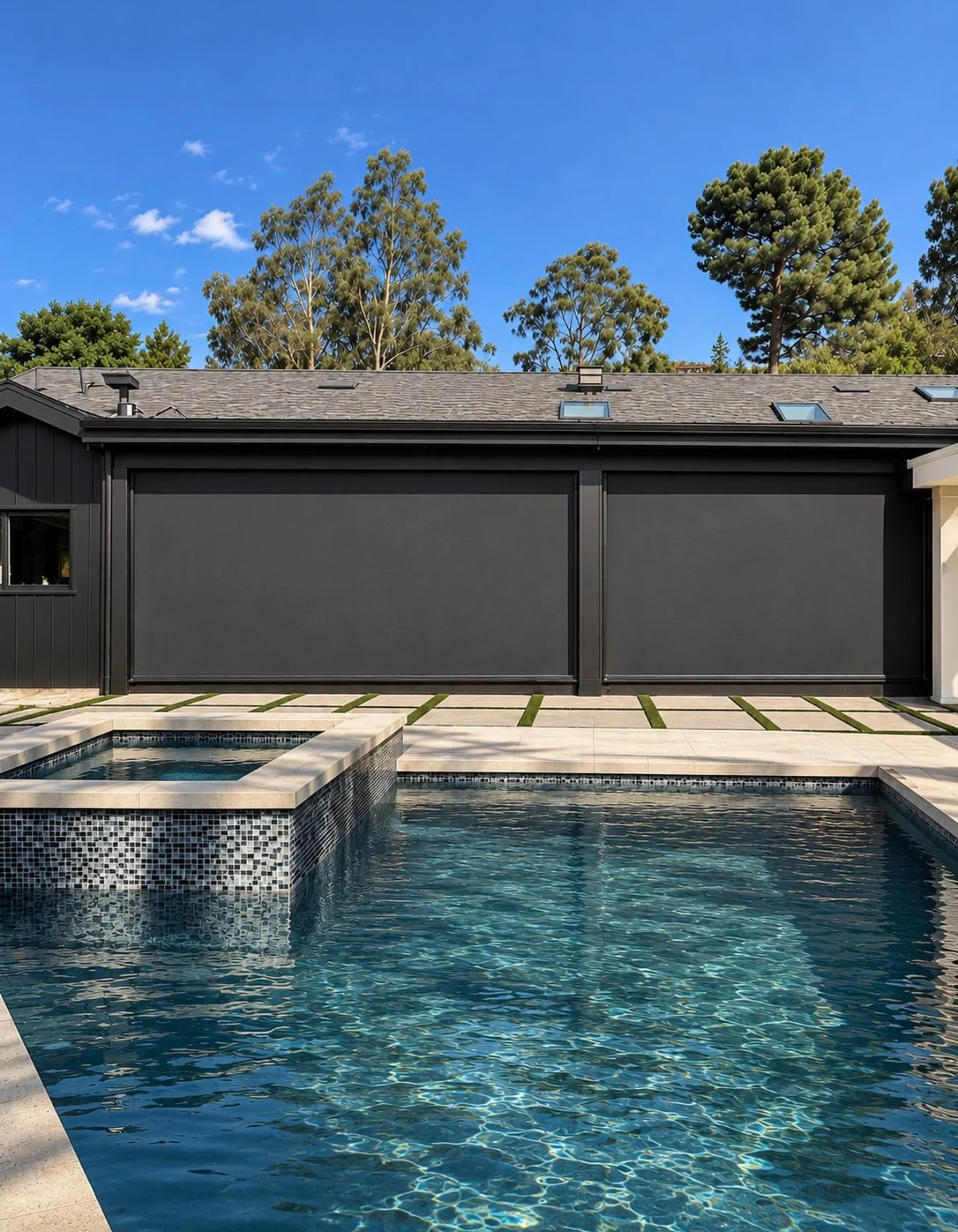 Exterior shades lowered over windows beside a pool