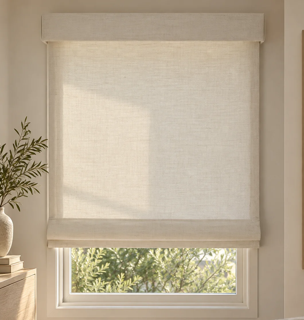 Close view of a smooth flat Roman shade in natural linen